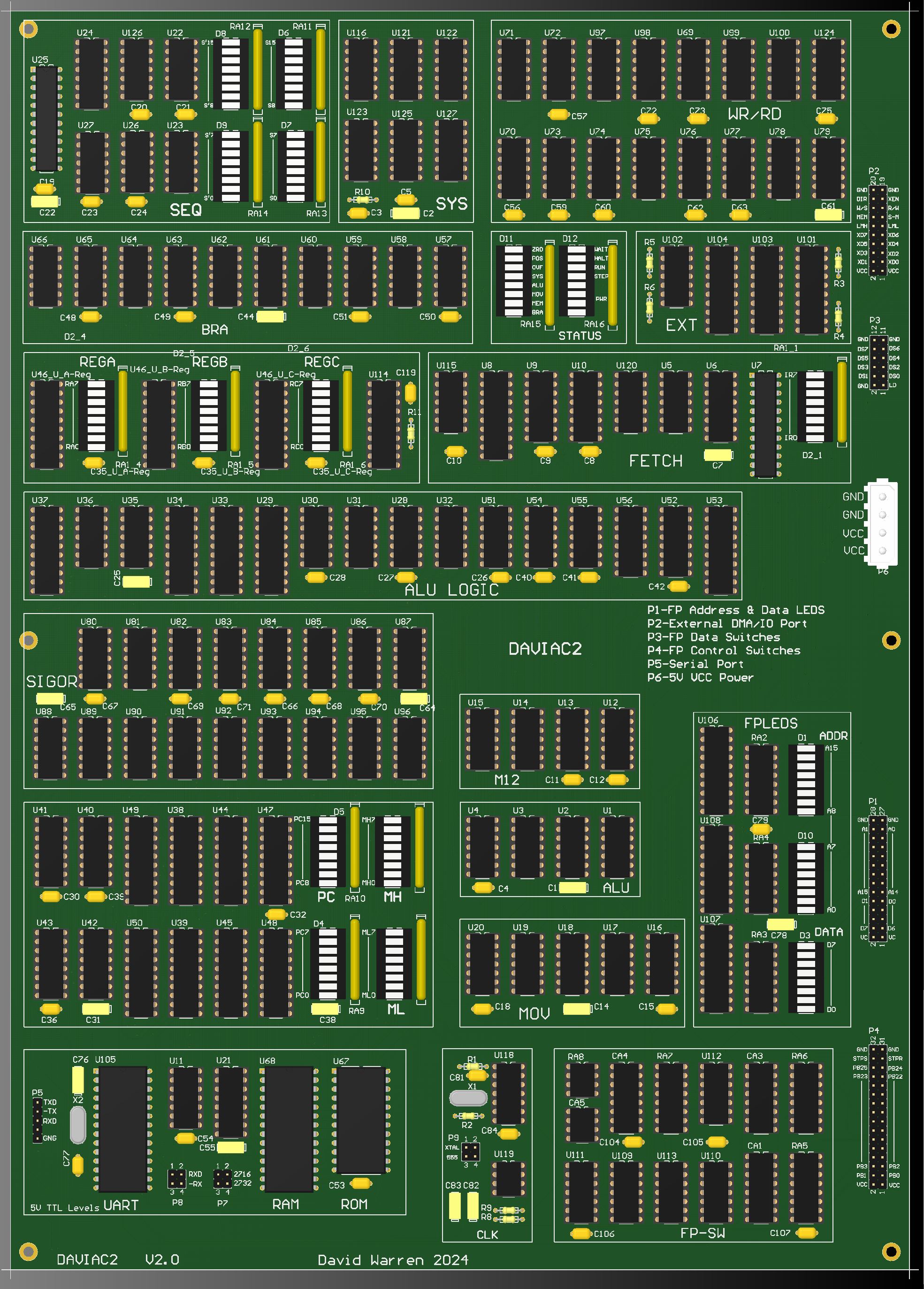 The DAVIC2 PCB rendered with componenets in green and gold with white silkscreen